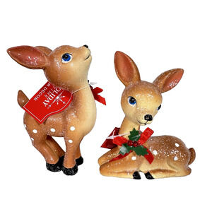Christmas Vintage Style Deer Fawn Tabletop Statue Figurine Decor Cute Sugared
